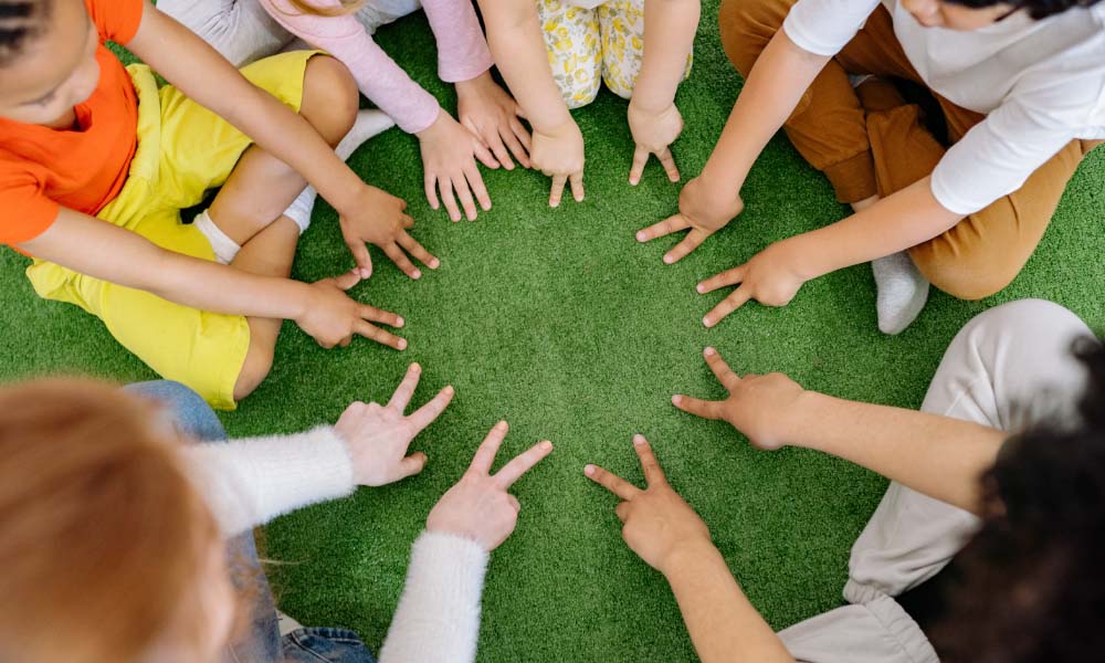 group of children playing on green grass