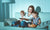 mother and two children sitting on sofa at home watching TV together