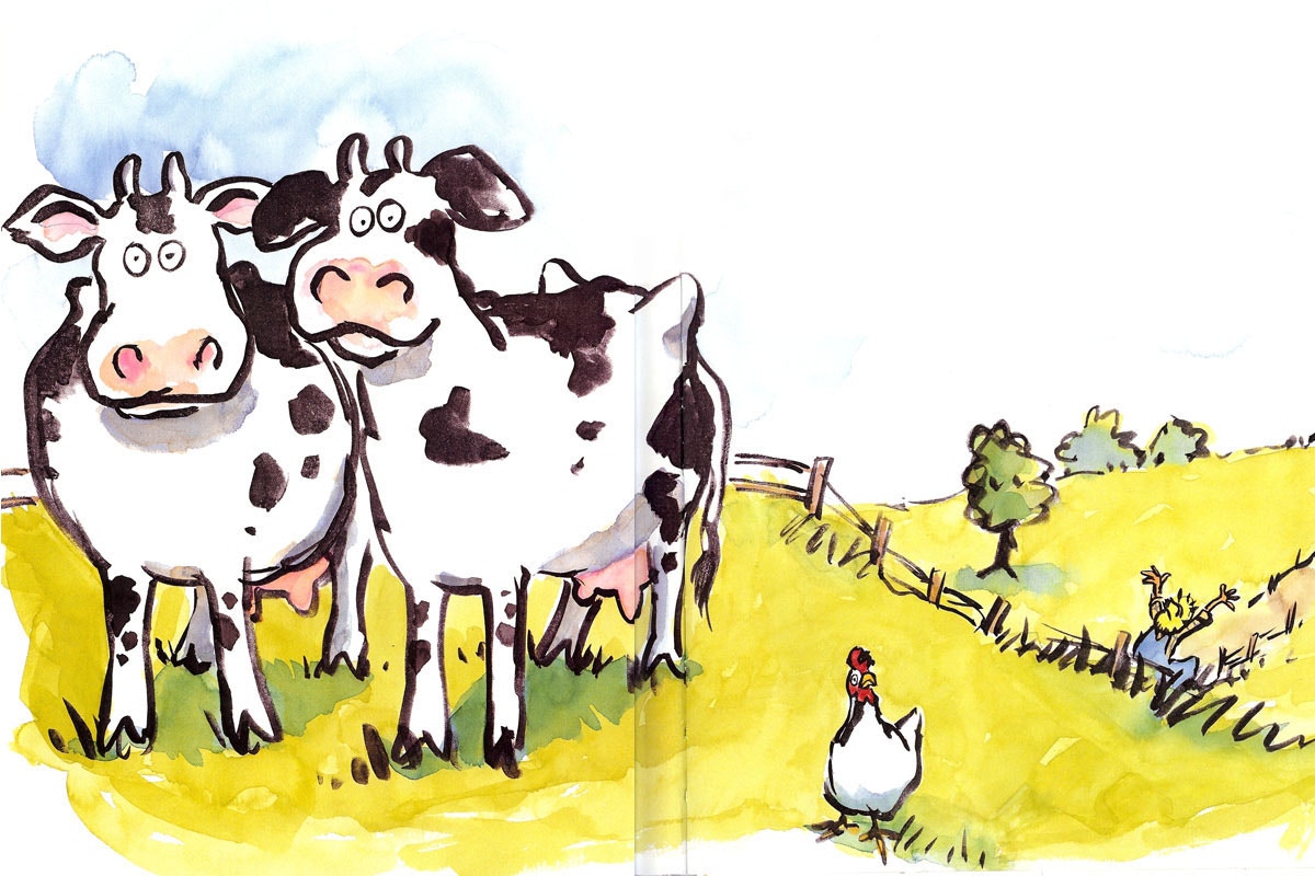 Cartoon of cows and chicken in the farm.