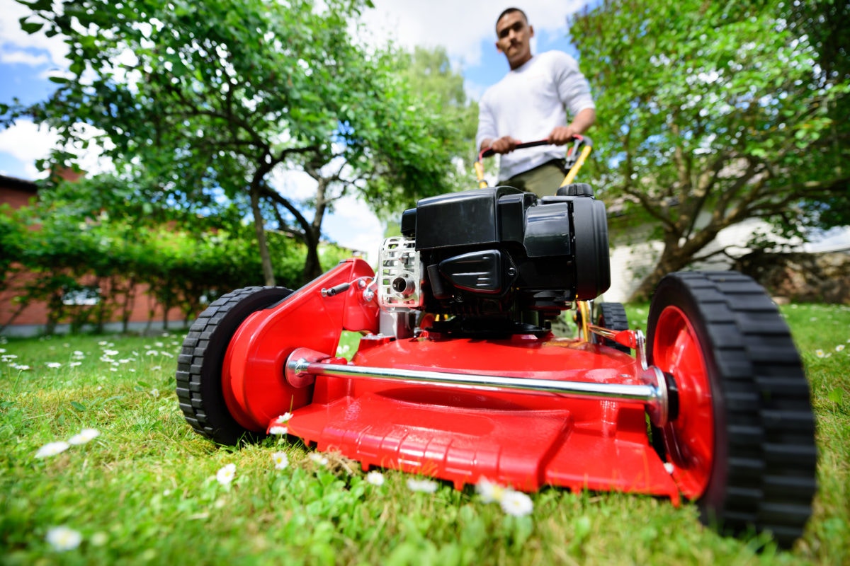 man cutting grass in his garden